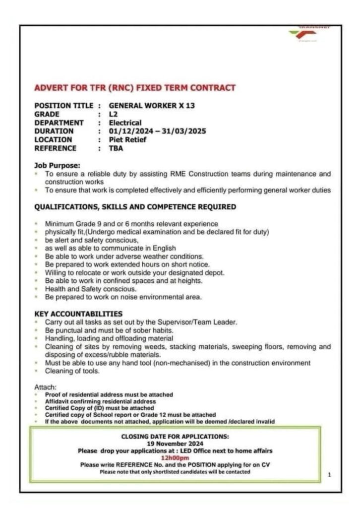 Transnet x34 Drivers or General Worker in 2024