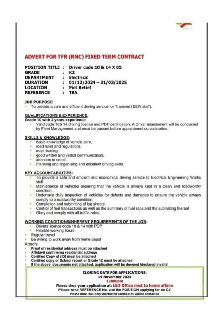 Transnet x34 Drivers or General Worker in 2024