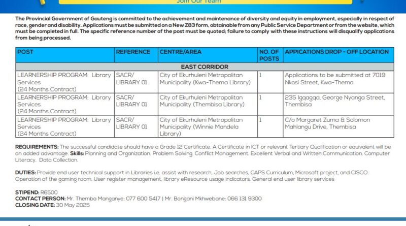 Gauteng Government 2025 Library Services Learnerships