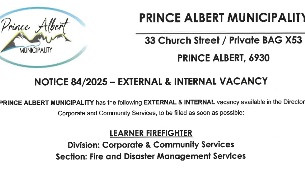 Prince Albert Municipality Fire Fighter Learnership 2025