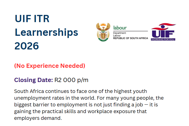 UIF (R2 000 p/m) ITR Learnerships 2026