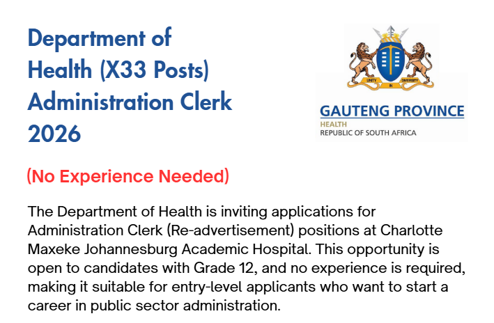 Department of Health (X33 Posts) Administration Clerk 2026