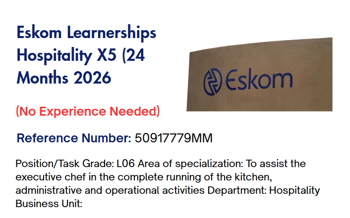 Eskom Learnerships Hospitality X5 (24 Months FTC) 2026