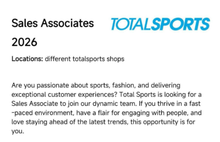 Total Sports Sales Associate (40hr) - Totalsports 2026 - Available!