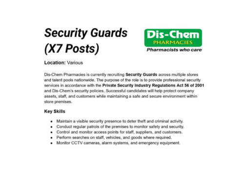 Apply (X9) Security Guards – Dis-Chem Pharmacies Limited 2026