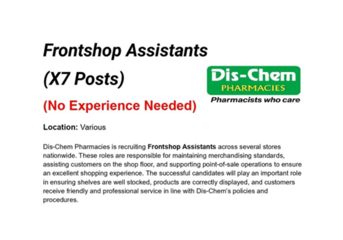 Apply Dischem (X7 Posts) Frontshop Assistants 2026 - Available!