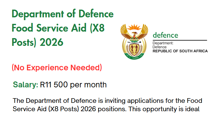 Department of Defence Food Service Aid (X8 Posts) 2026