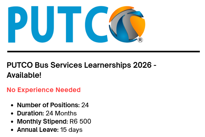 PUTCO Bus Services Learnerships 2026 - Available!