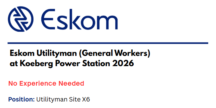 Eskom Utilityman (General Workers) at Koeberg Power Station 2026