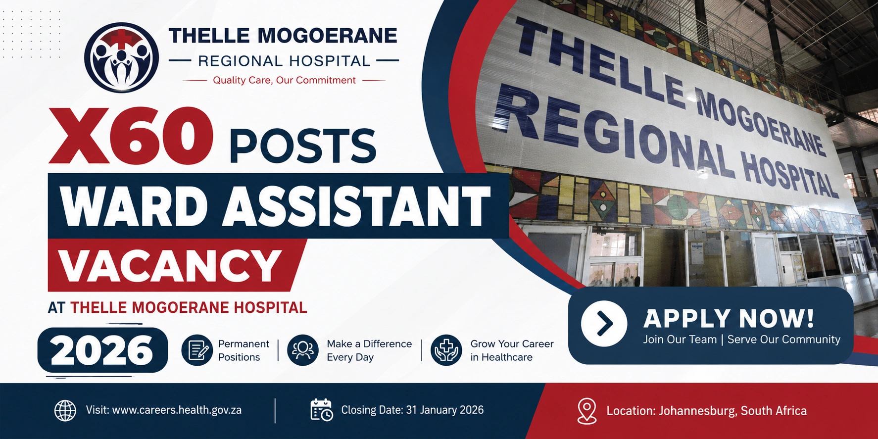 X60 Posts Ward Assistant Vacancy at Thelle Mogoerane Hospital 2026